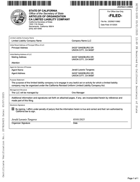 USA California articles of organization limited liability company Word and PDF template
